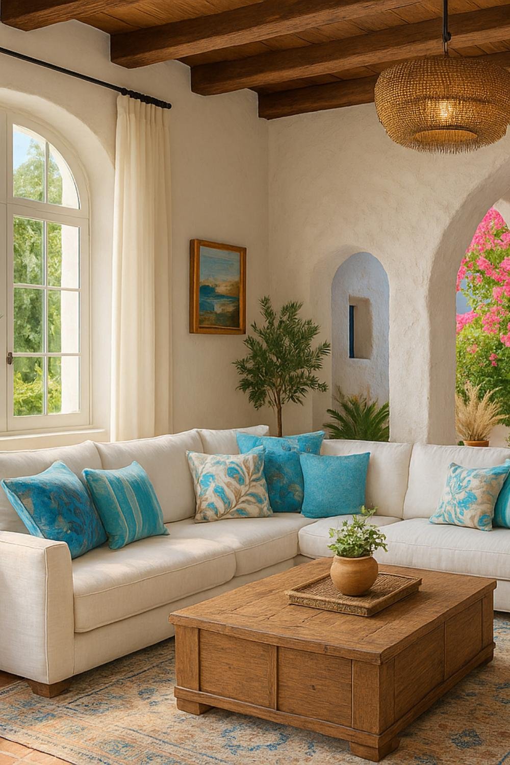 Soft Mediterranean-style living room with white walls, wood ceiling beams, turquoise pillows, and a cozy sectional.