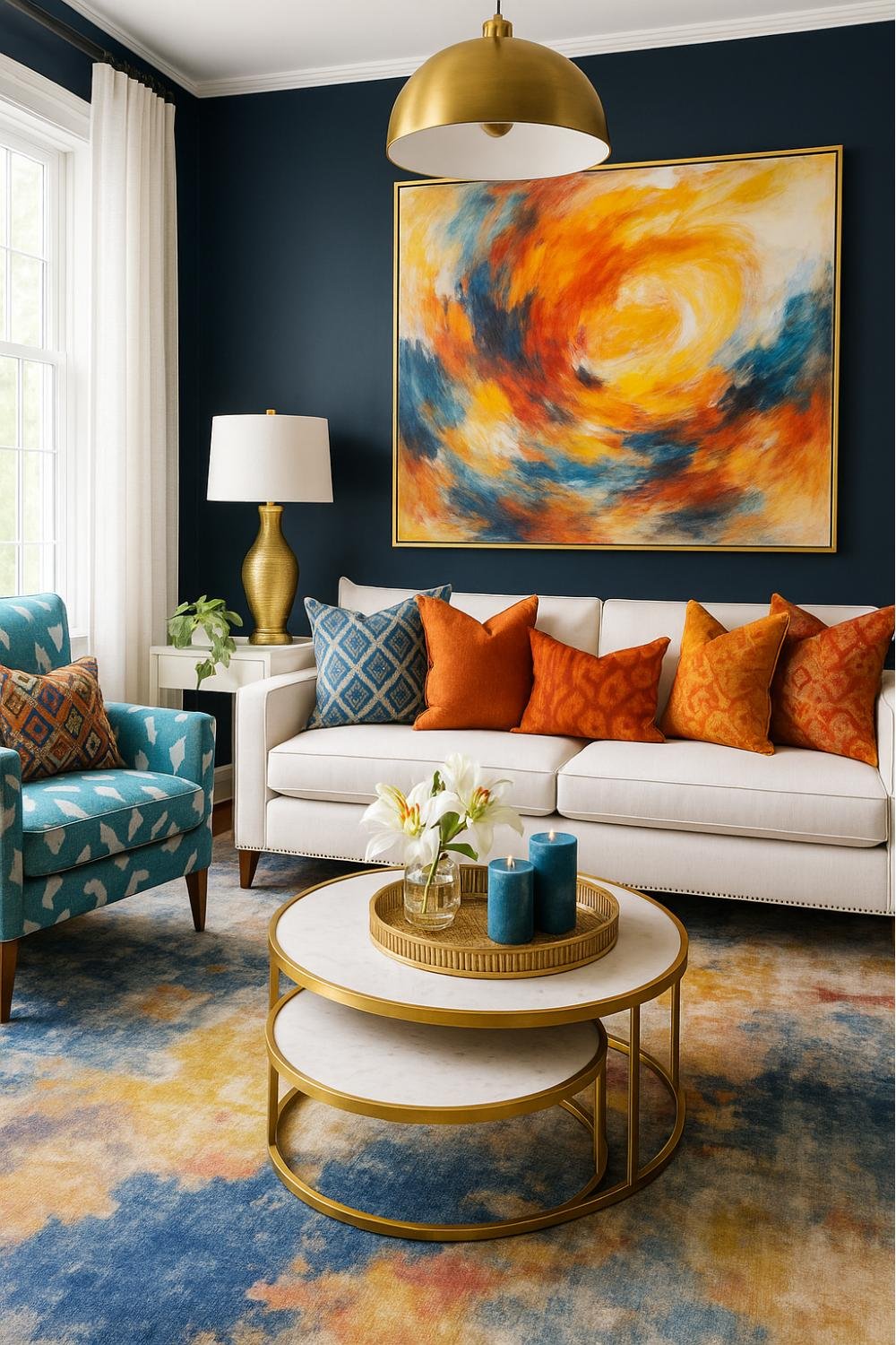 Warm, cozy living room with vibrant cushions, swirling abstract art, layered textures, and a sense of personal comfort and color balance.
