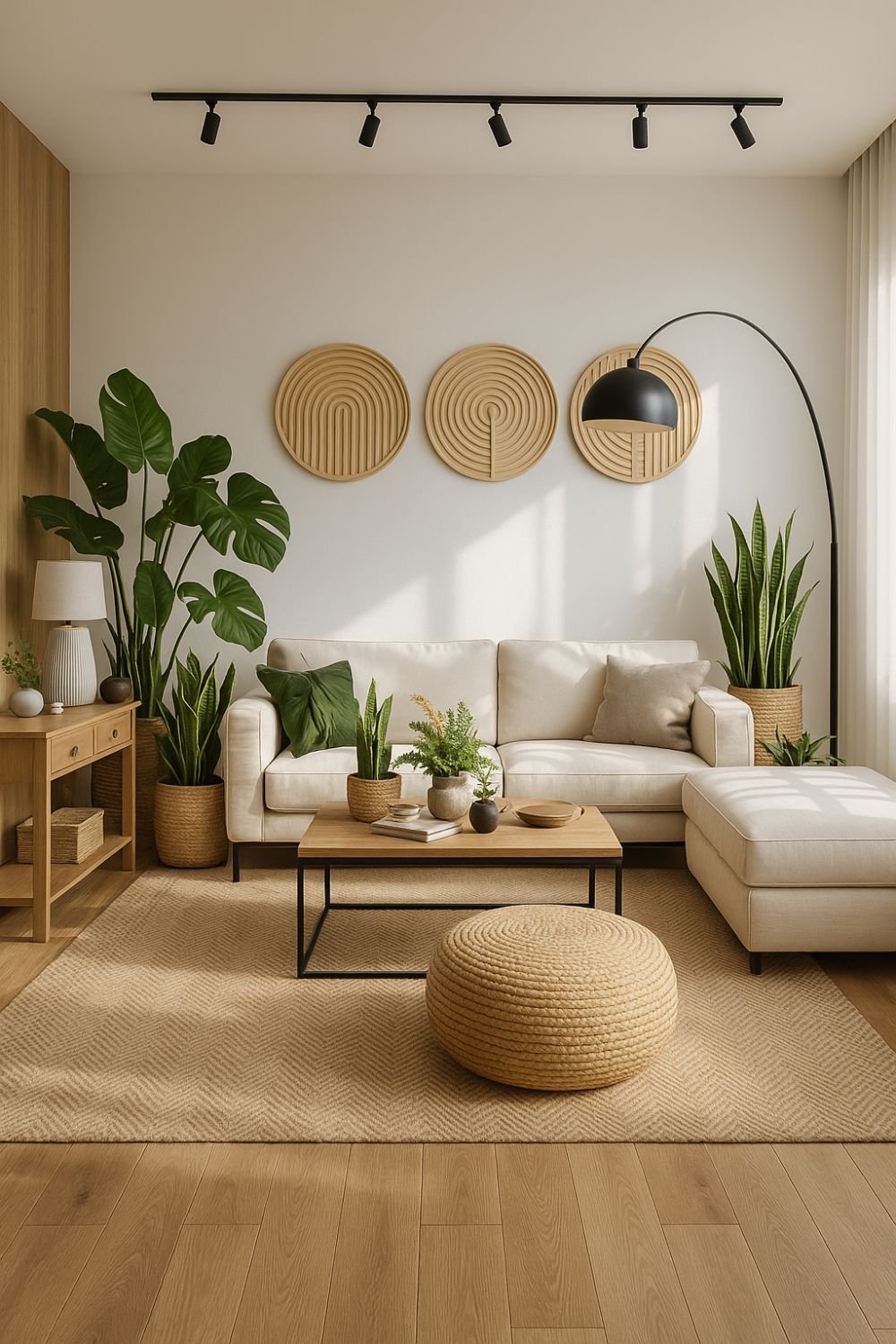 Neutral-toned rental living room with off-white sectional, jute rug, indoor plants, woven pouf, wooden furniture, and round wall decor.