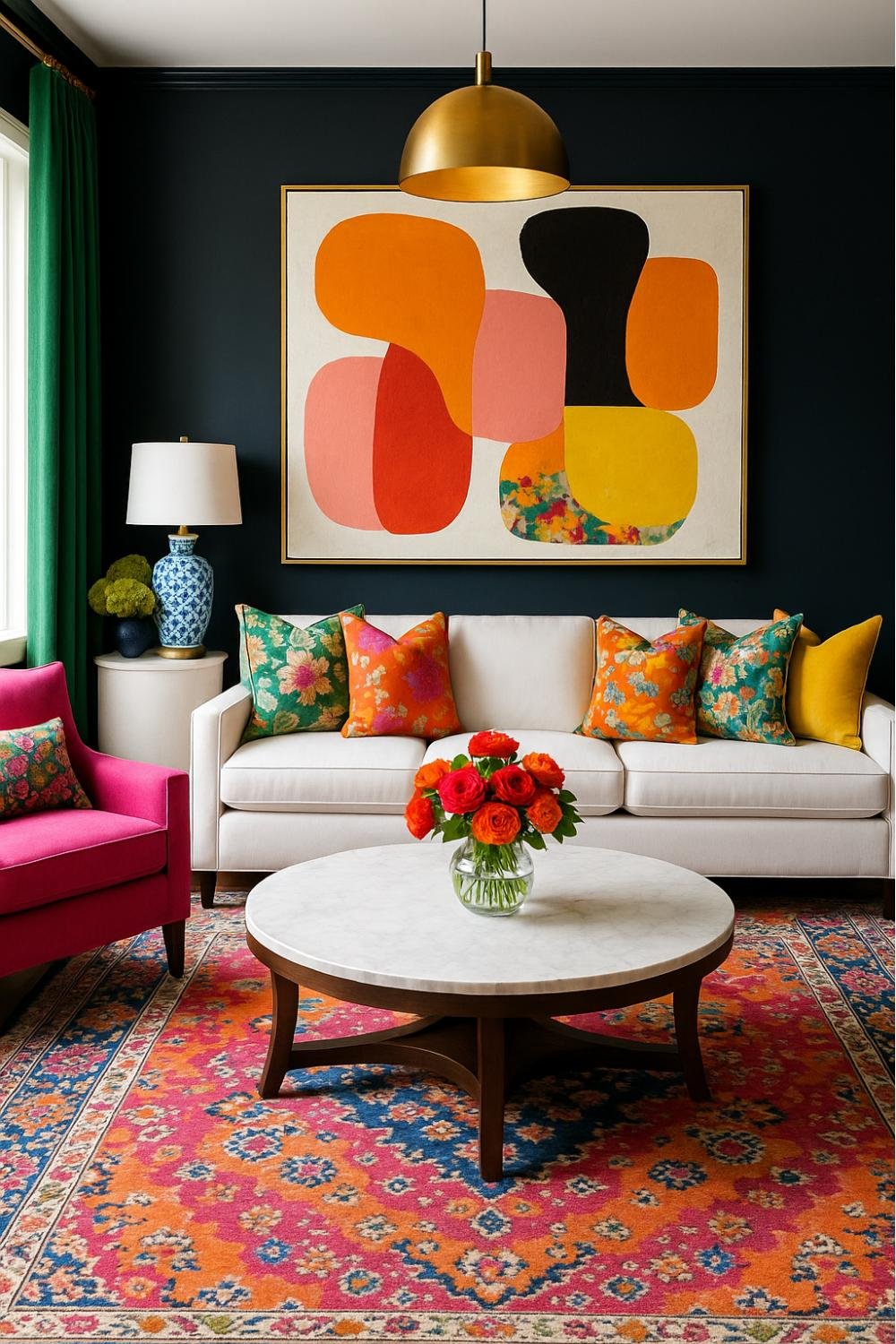 Vivid living room with graphic artwork, multicolored cushions, patterned rug, and a pink accent chair—showcasing a bold and eclectic core style.