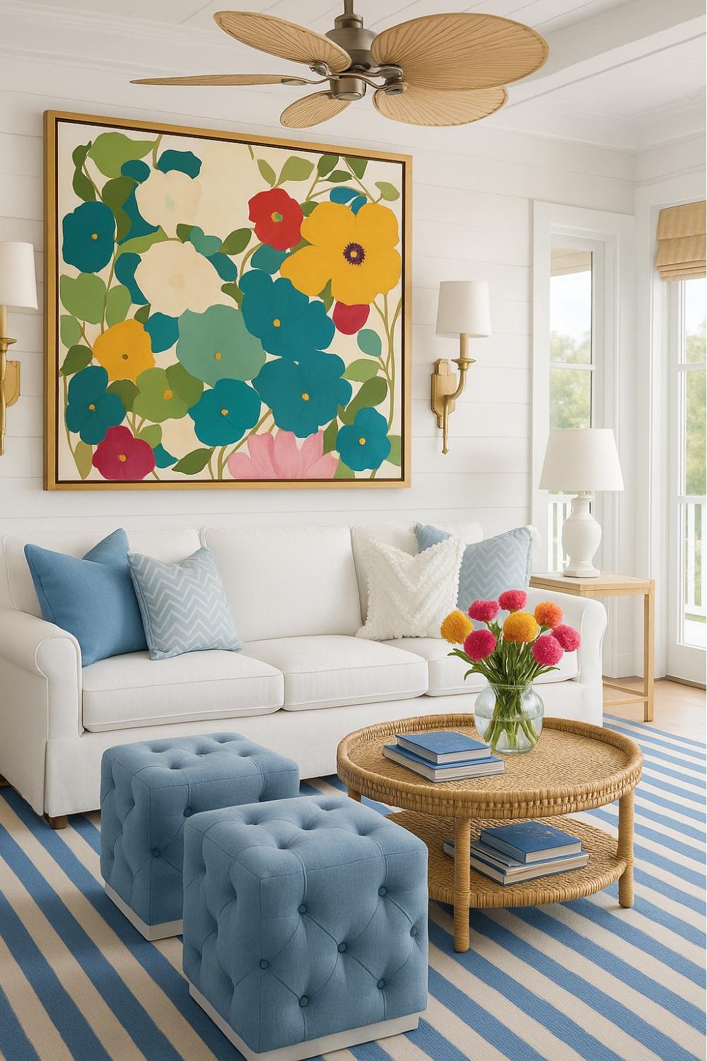 Colorful and cozy living room with a blue sofa, striped rug, floral wall art, and bright accents showing a cohesive and cheerful interior style.