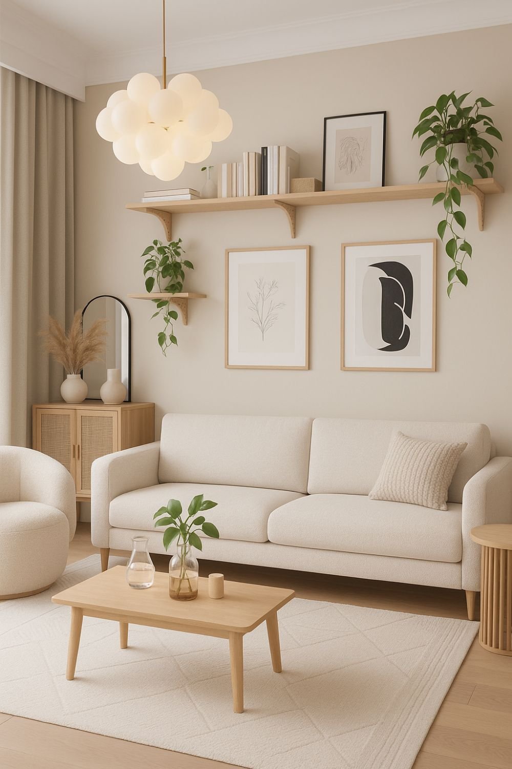 Minimal Scandinavian-inspired living room with soft beige sofa, natural wood furniture, globe pendant light, and calming neutral palette.