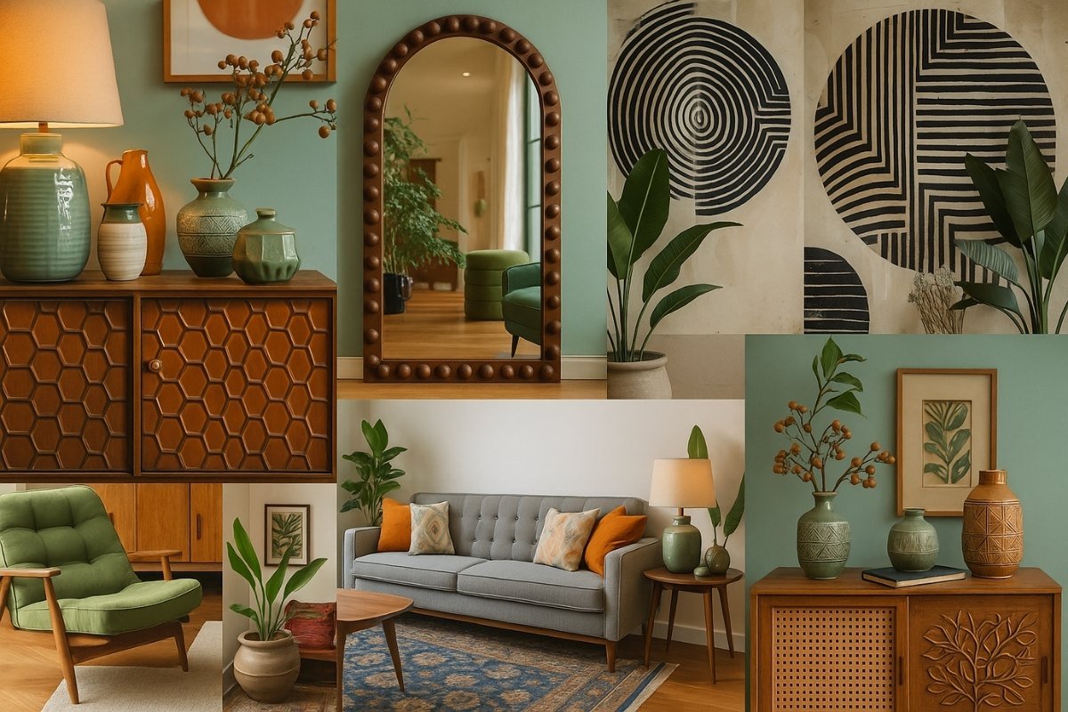 Mid-century modern style mood board featuring retro wooden furniture, green armchair, blue rug, and graphic wall art with natural textures.