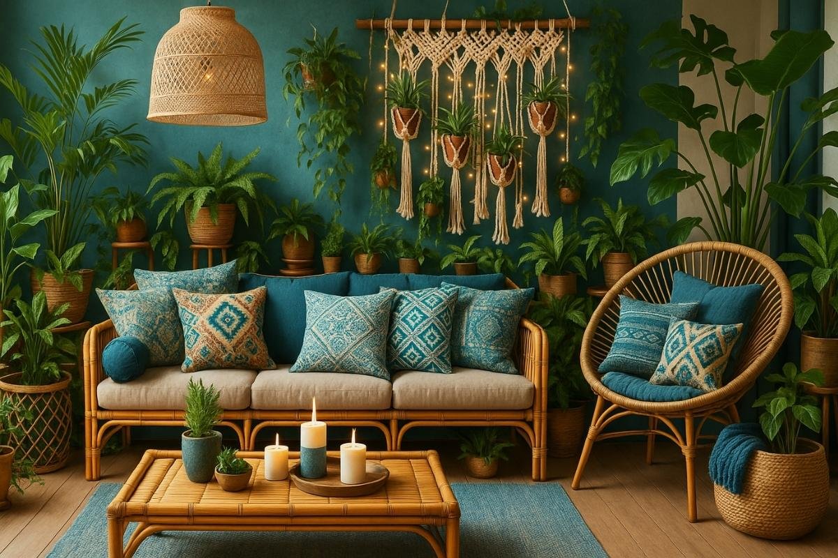 Bohemian-style living room filled with plants, teal walls, rattan furniture, patterned blue cushions, and ambient string lights.