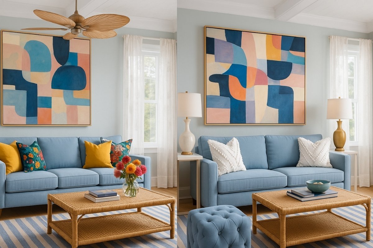 Side-by-side comparison of two similar coastal-style living rooms with blue sofas and rattan furniture, each styled with different throw pillows and artwork to reflect small design changes.