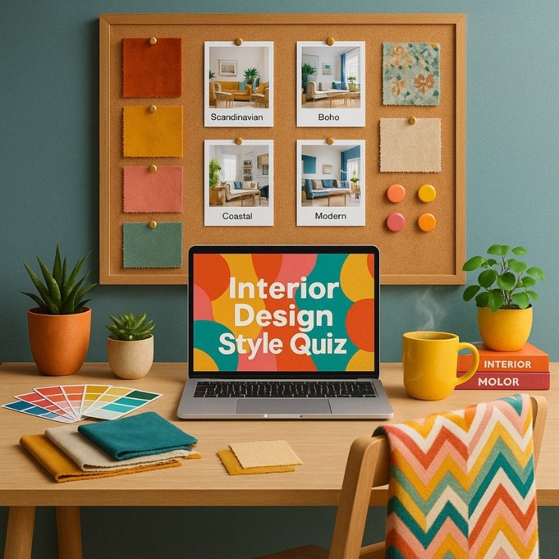 Colorful home workspace with laptop displaying “Interior Design Style Quiz,” fabric swatches, paint chips, moodboard images of styles like Scandinavian and Boho, and cheerful decor.