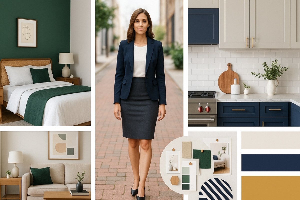Woman in a navy blazer surrounded by matching interior elements including green and navy home decor and color swatches, showcasing personal style reflection.