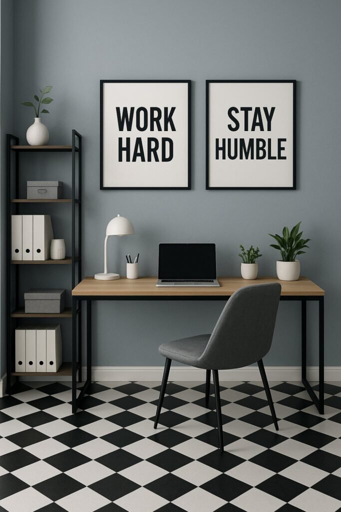 Home office in cool gray tones with sleek furniture and black-and-white accents.