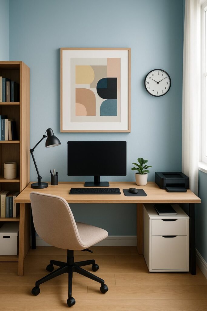 Soft blue walls create a serene workspace that enhances mental clarity and reduces stress.