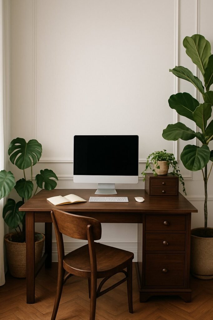 Warm white home office with white desk, beige chair, shelves, and natural light through sheer curtains.