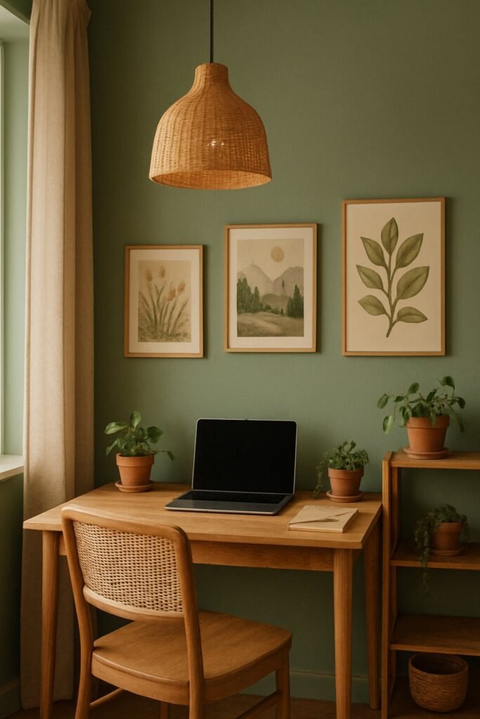 Earthy green workspace with wooden desk, indoor plants, and neutral accessories for a grounded feel.