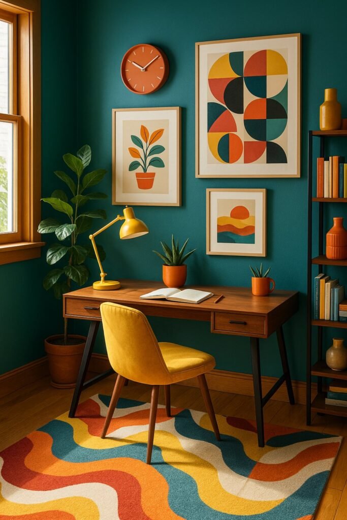 Teal home office with bold accents, wood furniture, and creative decor for balanced energy.