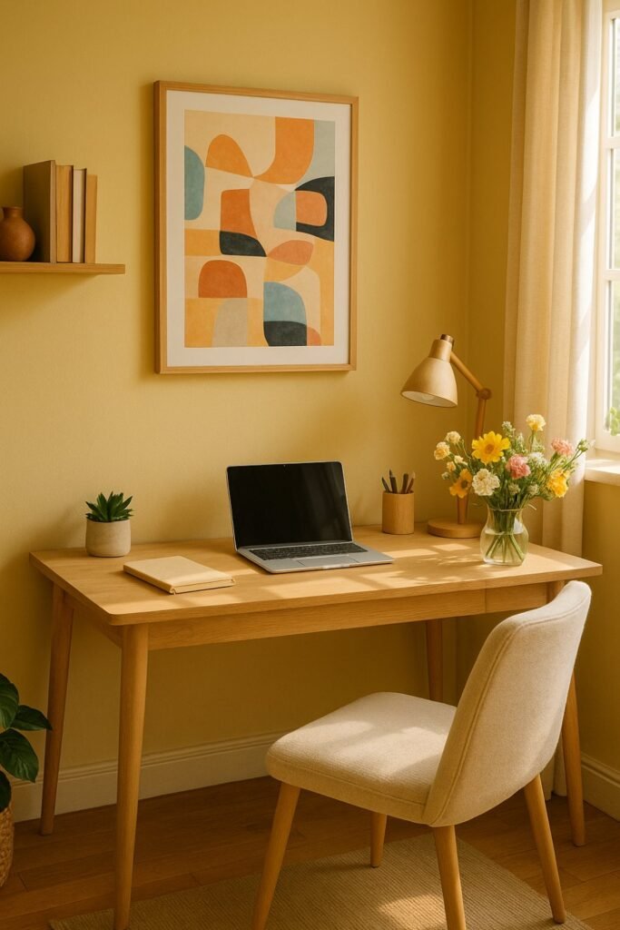 Home office with muted yellow walls, cozy decor, and light wood accents for a warm, inviting feel.