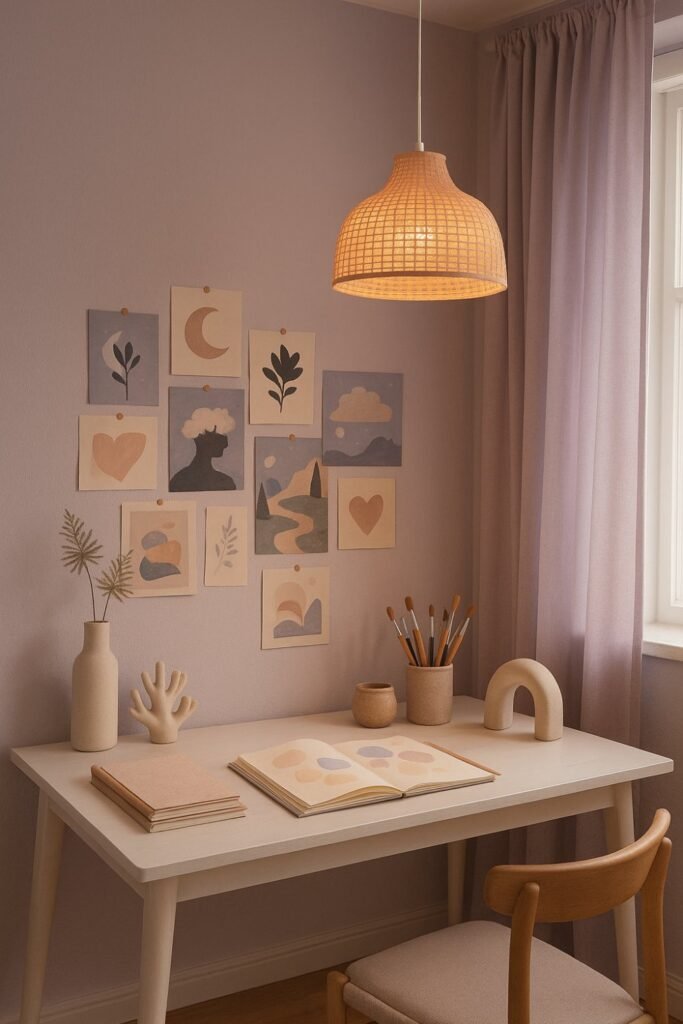 Artistic workspace with pale lavender walls, white desk, and creativity-inspiring decor.
