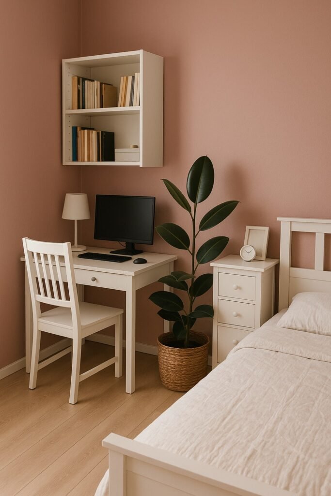 Dusty rose-colored walls in a stylish home office with soft furniture and gold accents.
