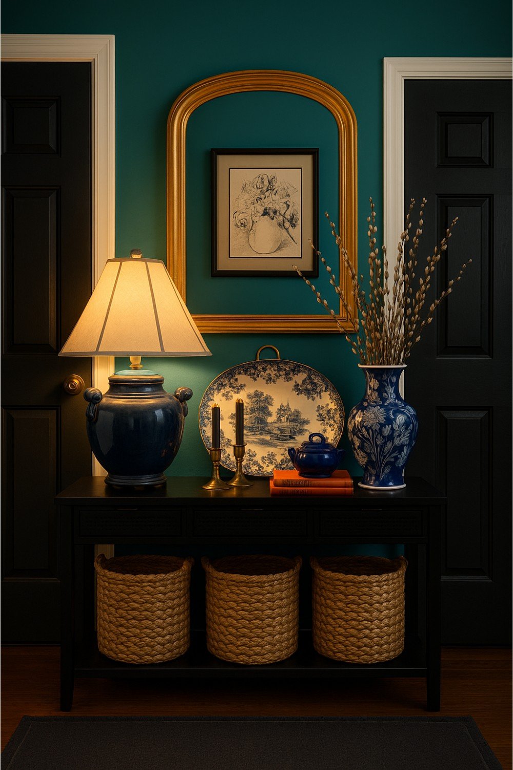 A dark-colored entryway designed without natural light, featuring layered lighting to create a cozy and inviting atmosphere showing how to choose wall paint colours