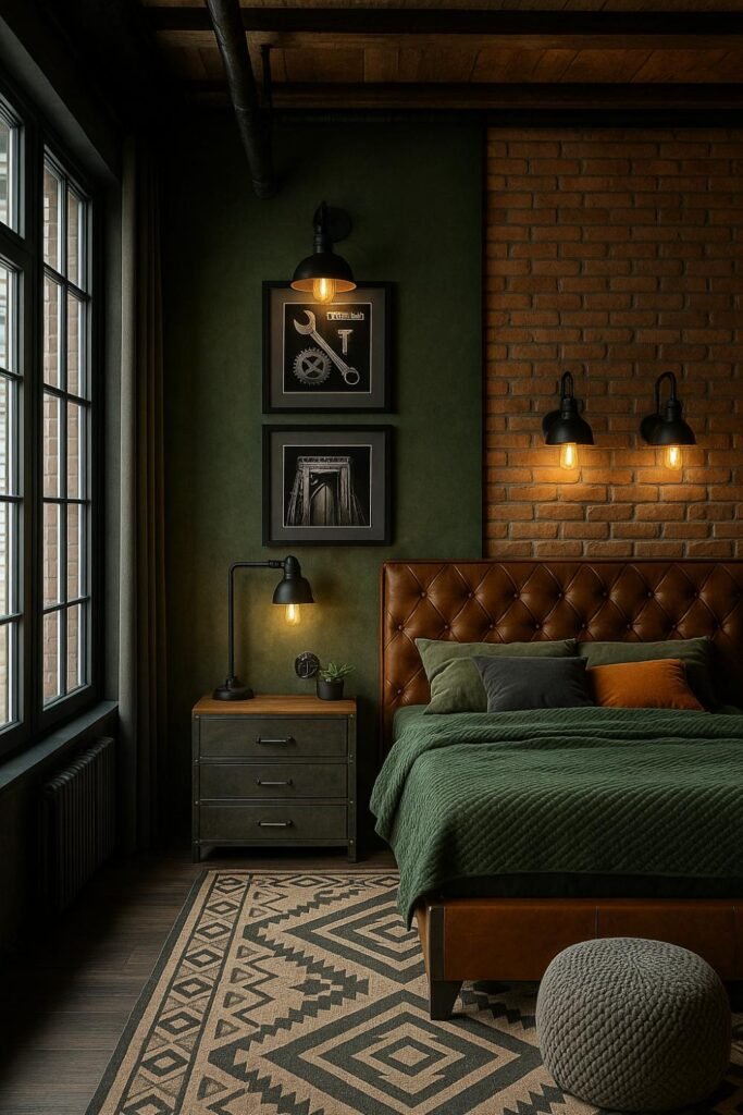 Industrial bedroom with exposed ceiling, leather bed, green and brick walls, industrial lighting, and black metal furniture.