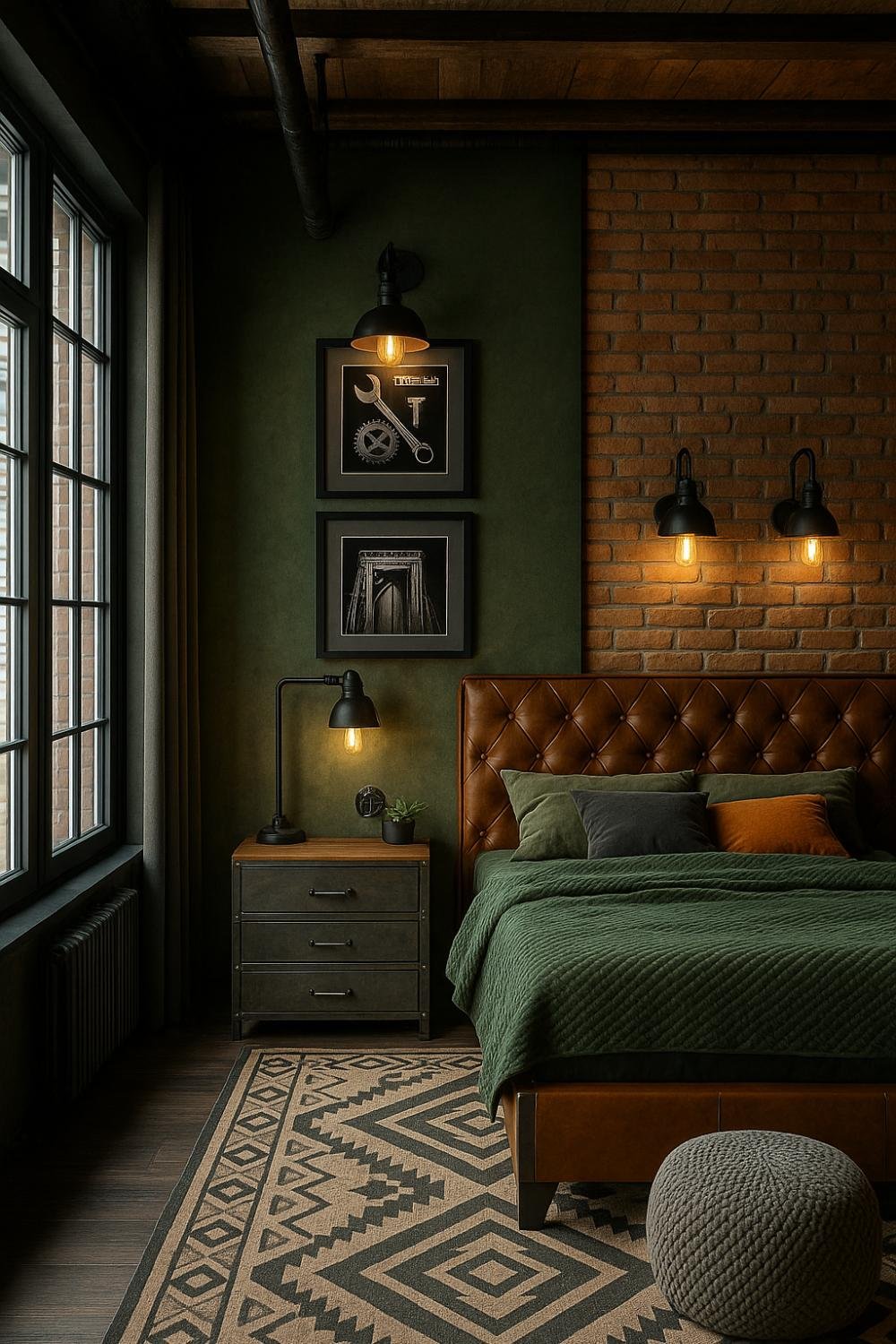 Industrial bedroom with exposed ceiling, leather bed, green and brick walls, industrial lighting, and black metal furniture.