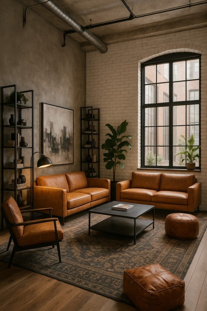 industrial interior design style Living room with brick and concrete walls for an industrial look