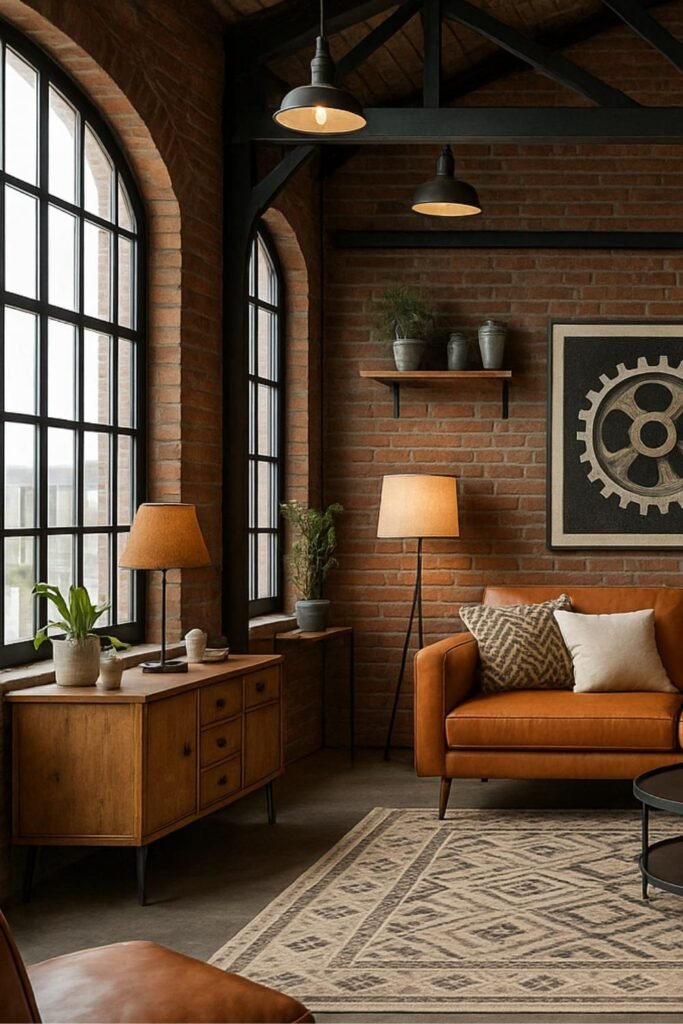 Industrial living room with tan leather sofa, tribal rug, exposed beams, and mixed lighting for a cozy, layered look.