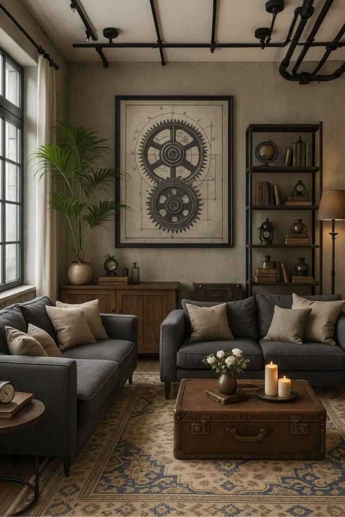 Industrial-style room featuring vintage trunk coffee table, mechanical wall art, exposed ceiling pipes, and cozy textiles.