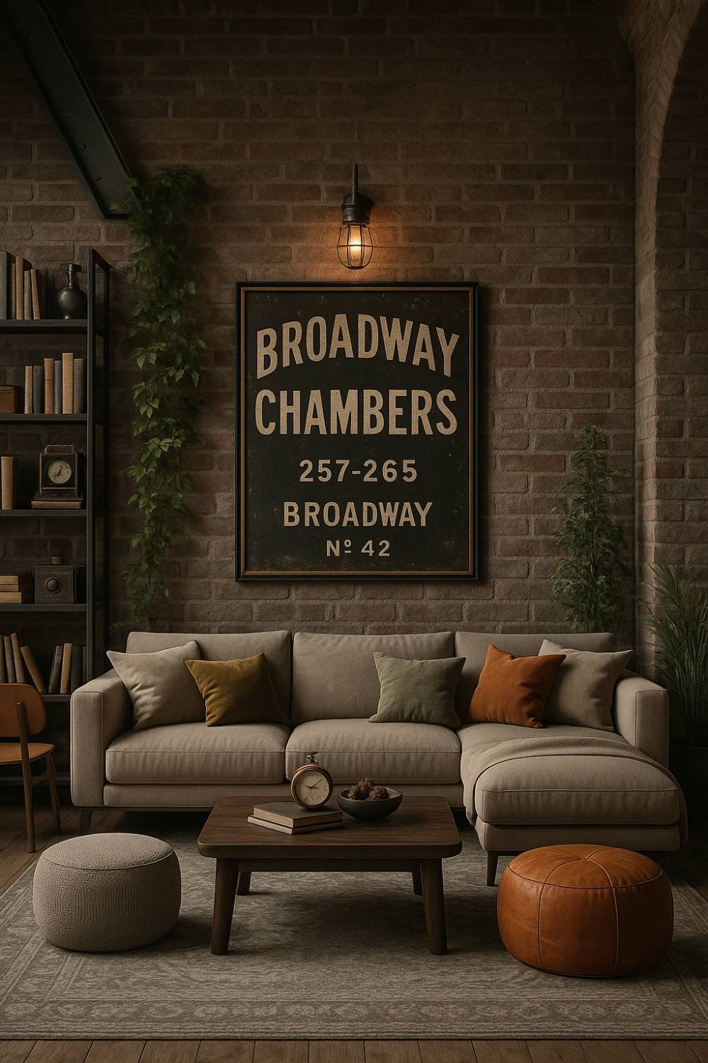 Cozy industrial-style living room featuring a beige sectional sofa, exposed brick wall, vintage sign art, and earth-toned accents.