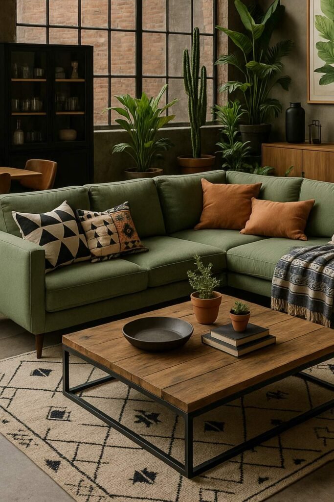 Exposed brick, black iron accents, and cascading greenery come together in this inviting industrial-style living room.
