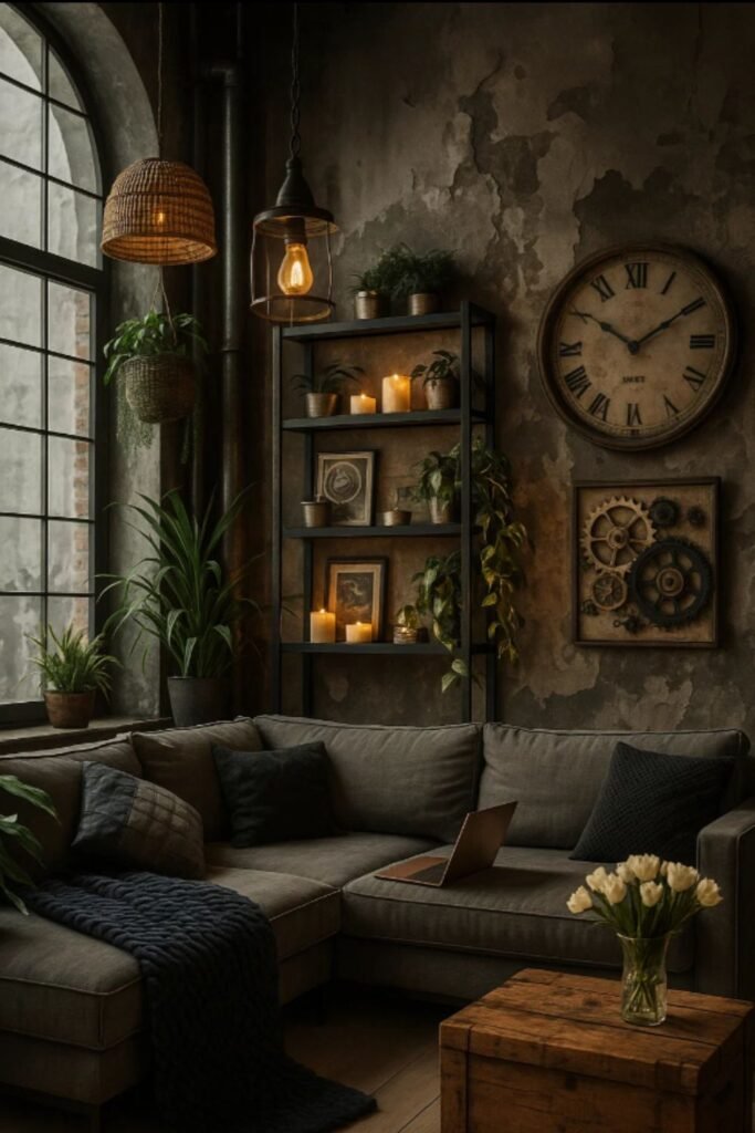 Dark industrial-style living room with exposed bulb lighting, wall gears, a rattan pendant lamp, and a concrete-finished wall.