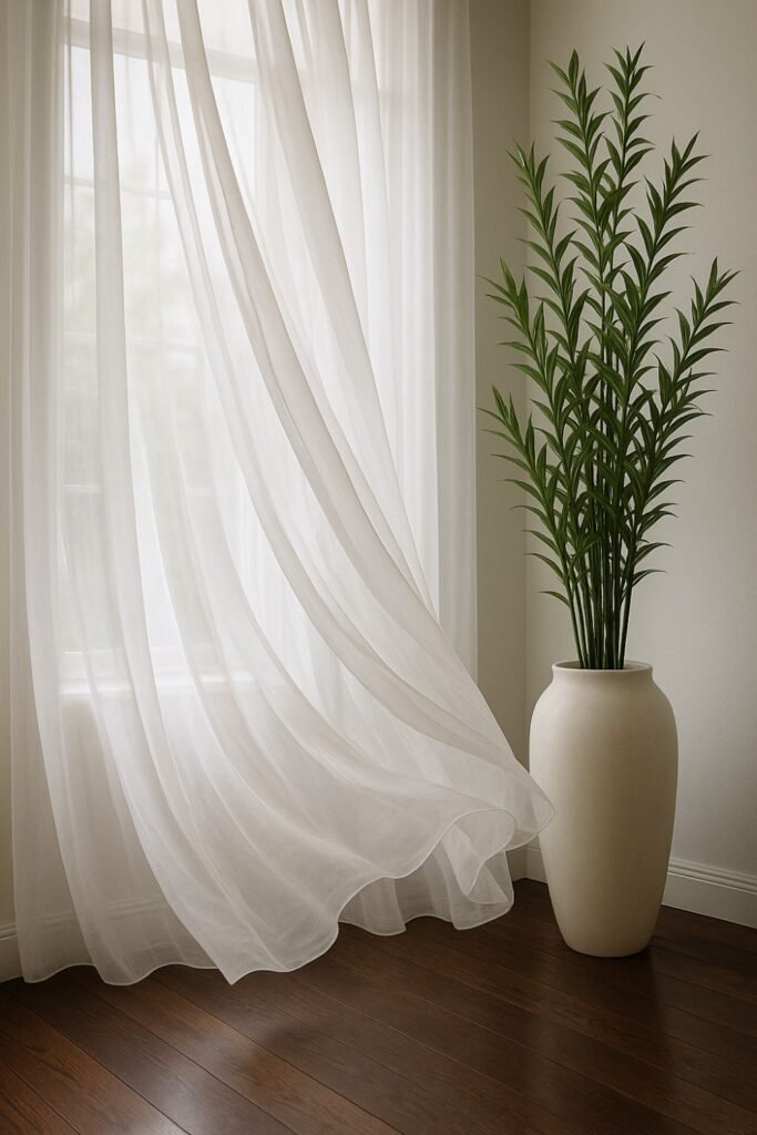 curtains blowing gently in the breeze beside a tall potted green plant.