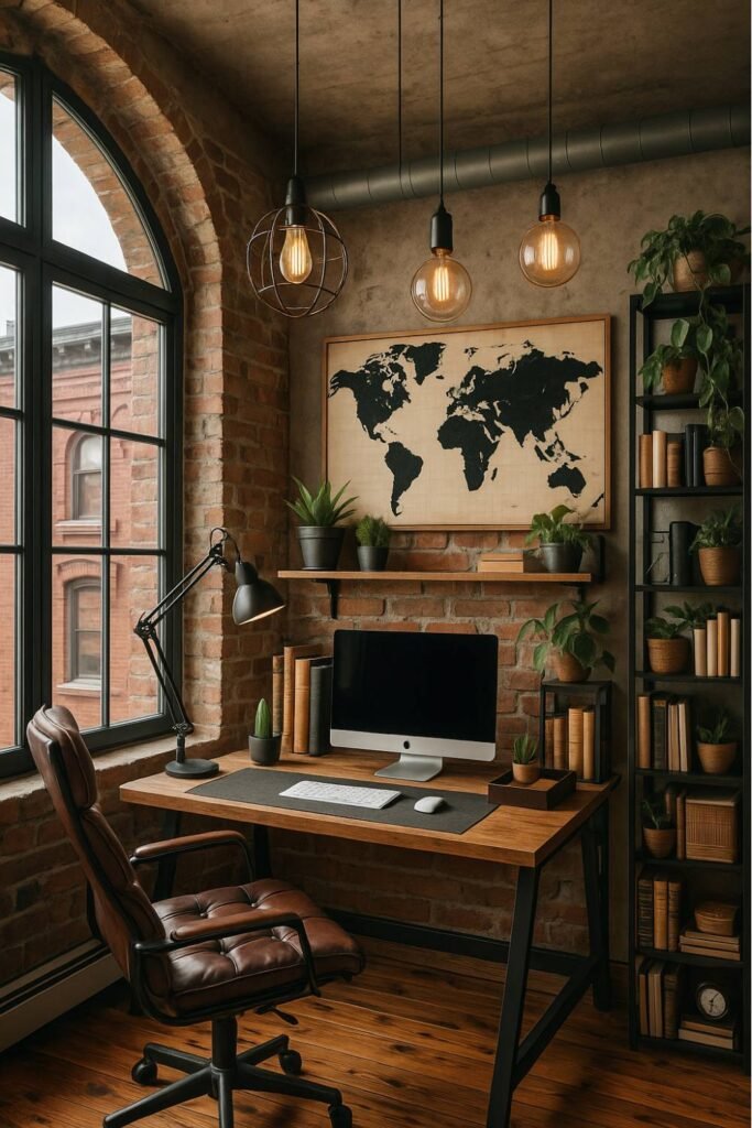 Industrial-style home office with exposed brick wall, rustic wood furniture, Edison bulb lighting, and metal accents