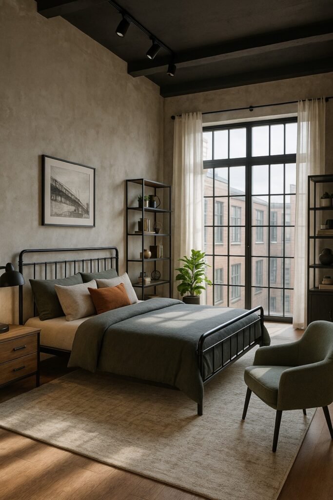Open wooden shelves with black metal supports styled with decor in the bedroom to achieve industrial interior design style look