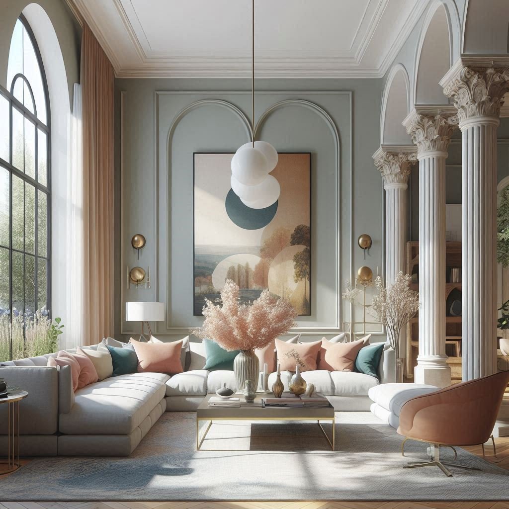 Neutral walls complementing statement artwork and furniture in a modern living room.