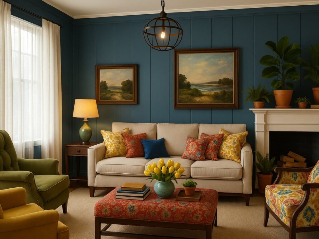 Cozy living room with sofa and armchairs arranged for conversation around a central coffee table.