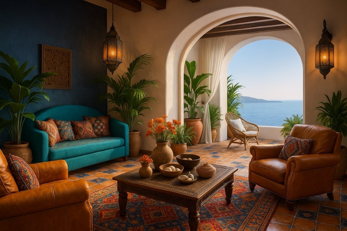 Mediterranean-inspired living space with sea view, terracotta tiles, carved wooden furniture, indoor plants, and colorful upholstery