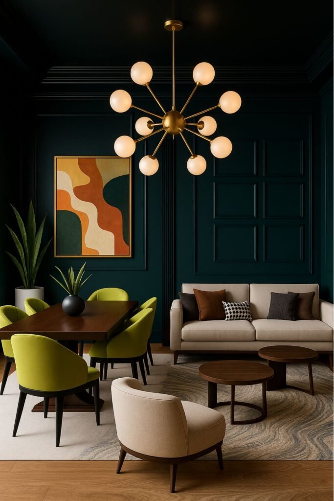 Modern living and dining room with stylish furniture arrangement but limited walking space between areas.