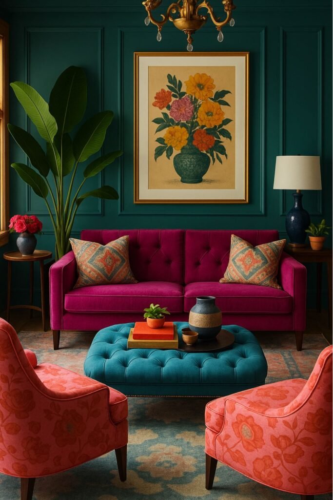 Living room with emerald green walls, a magenta sofa, coral accent chairs, and a teal ottoman arranged in a symmetrical layout
