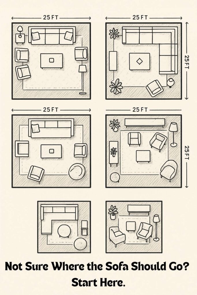 Illustrated grid of four living room furniture layout options, each within a 25 ft x 25 ft square.