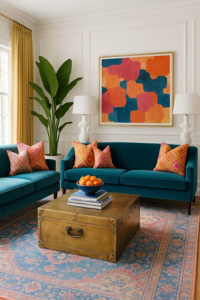 Bright living room with teal sofas, orange and pink pillows, and a brass trunk coffee table, arranged in a L-shape for conversation.