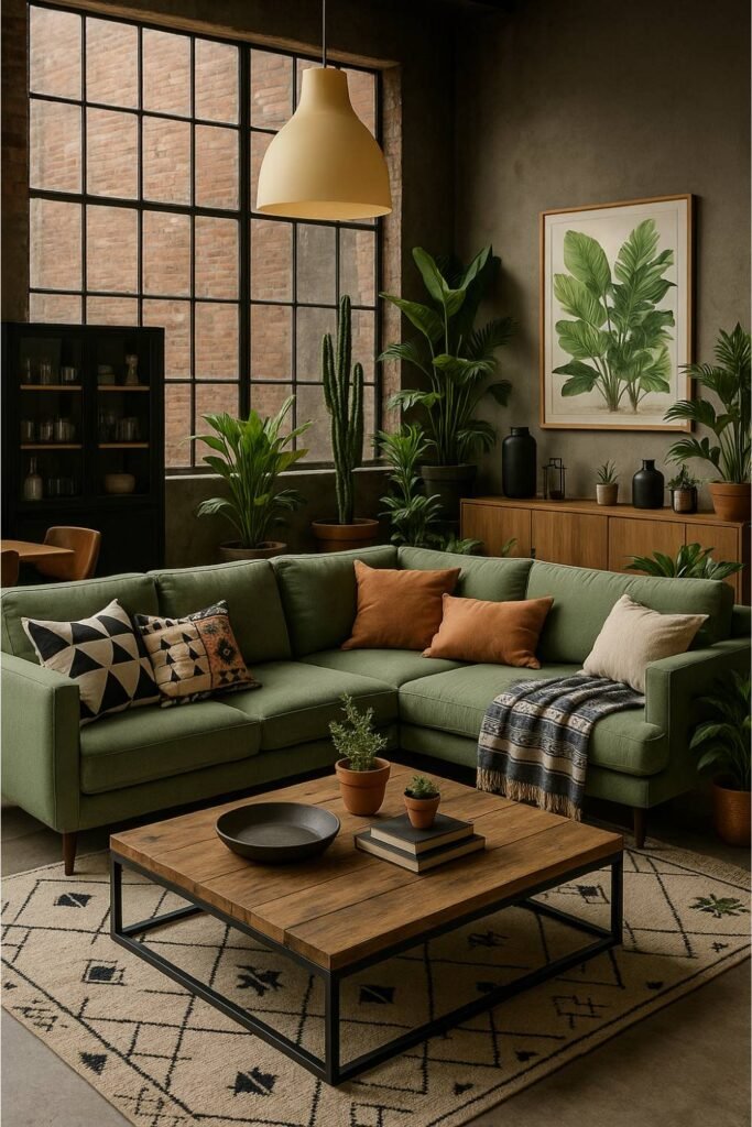 living room with sofa surrounded by plants