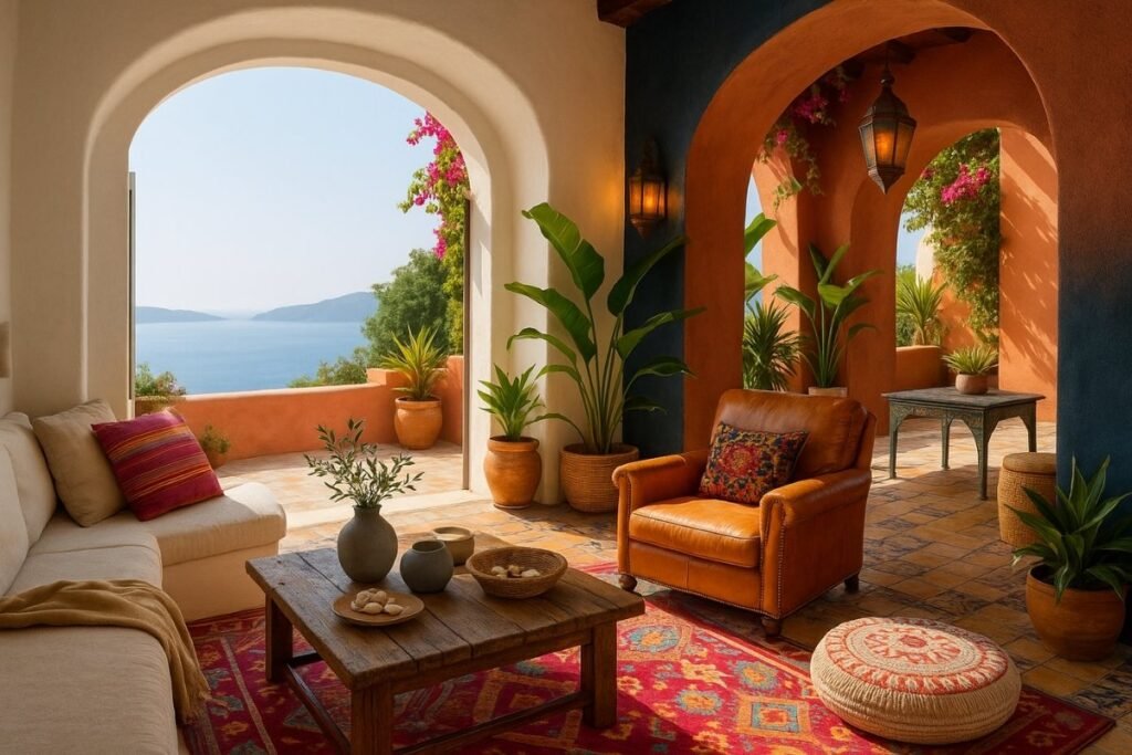 Cozy Mediterranean nook with terracotta walls, lantern lighting, and Moroccan-inspired patterns.