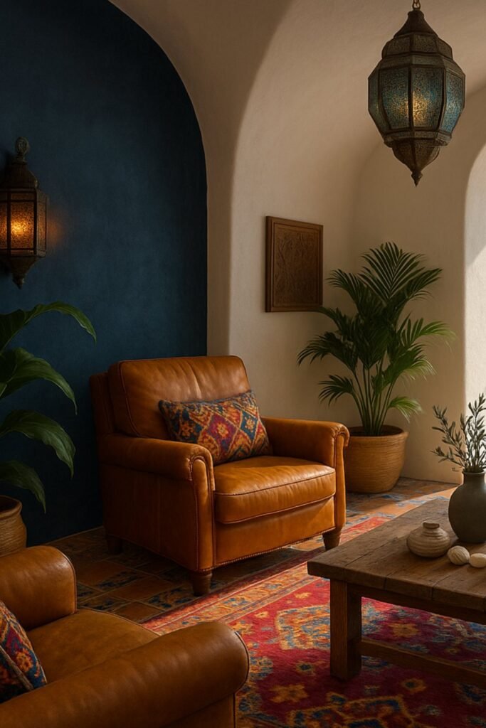 Moody Mediterranean interior with navy accent wall, leather armchair, and Moroccan lanterns.