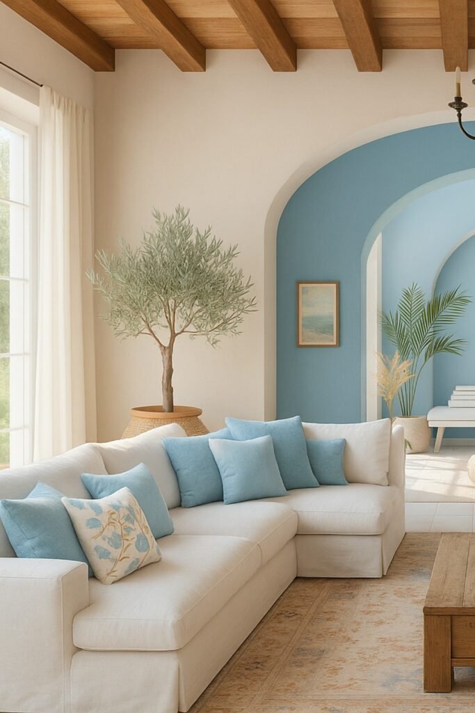 Mediterranean living room with white sofa, soft blue accents, arched doorway, and olive tree decor.
