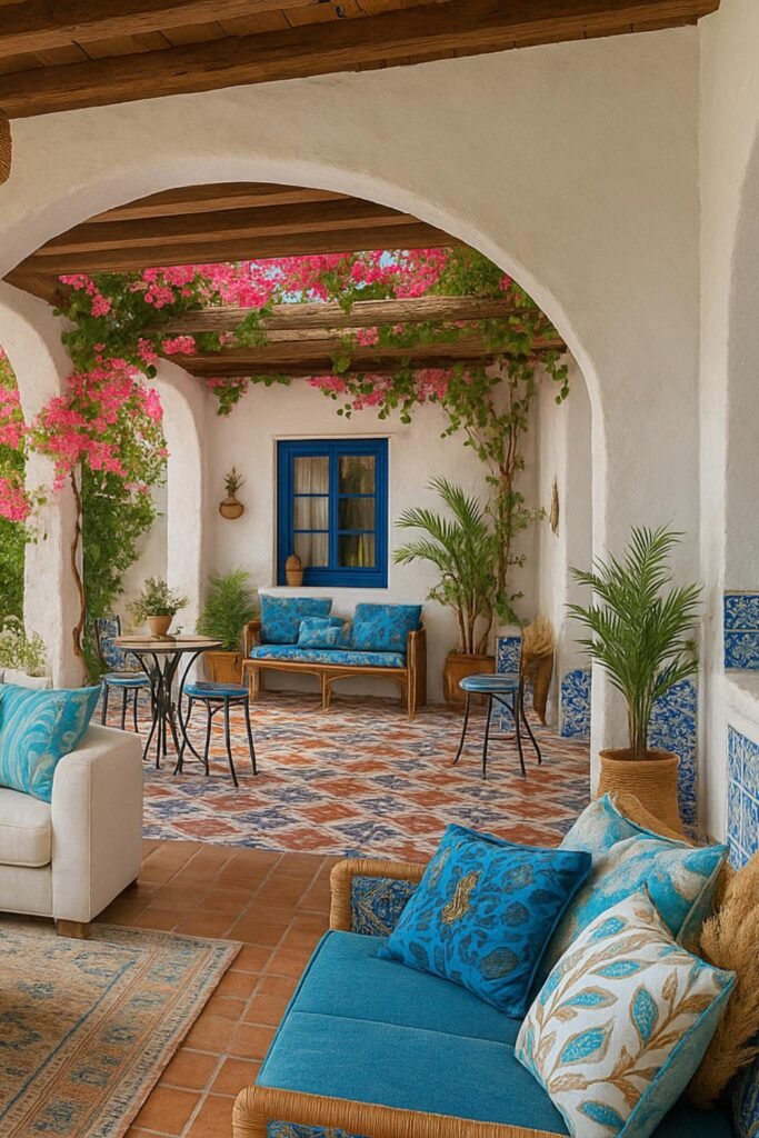 Mediterranean courtyard with white stucco walls, terracotta tiles, blue cushions, and blooming bougainvillaea.