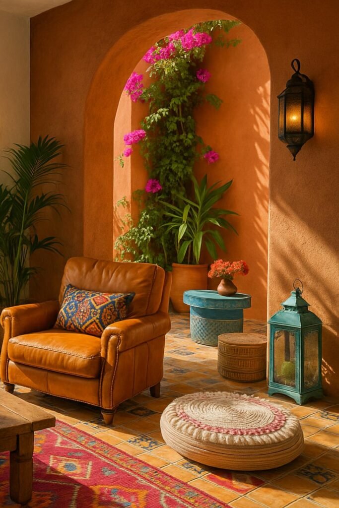 Moroccan-inspired Mediterranean outdoor nook with terracotta walls and vibrant textiles.