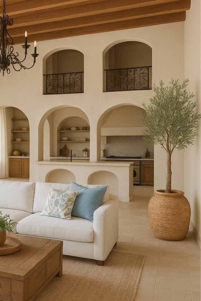 Mediterranean-style living room with arches, olive tree decor, and wood-beamed ceiling.