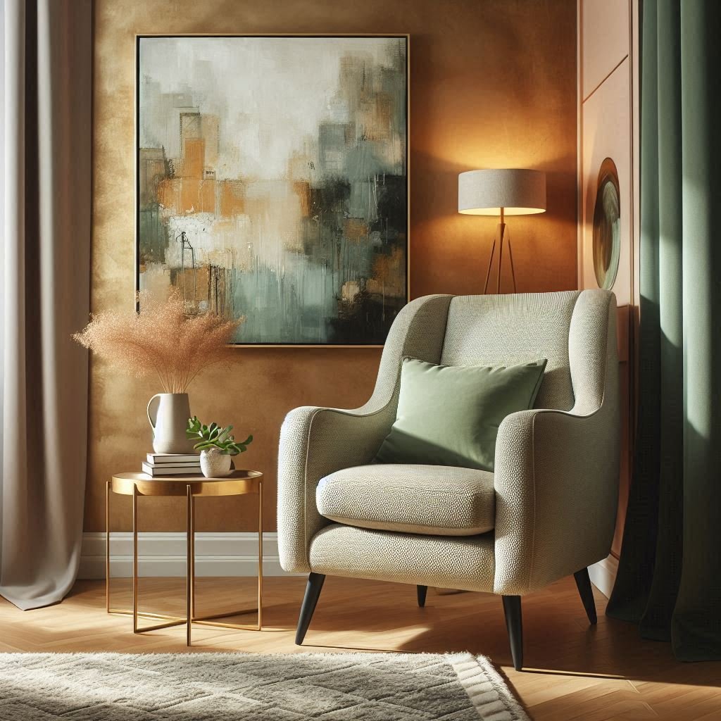 Minimalist accent armchair placed in a cozy corner with a modern table lamp and leafy green plant.