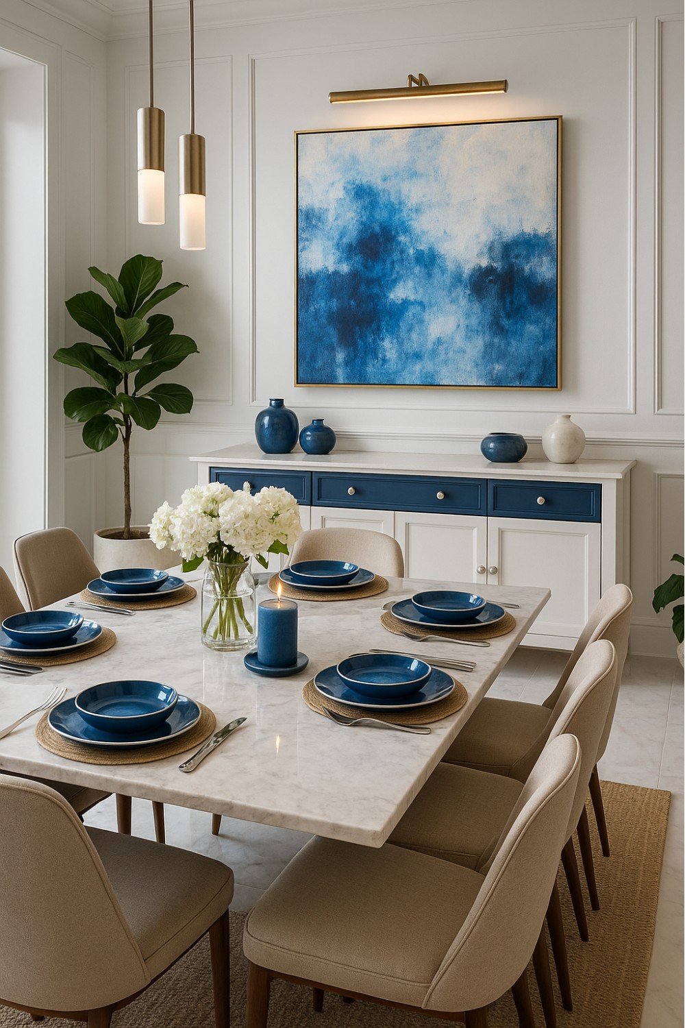 Elegant dining table set with blue accents and blue taper candles in glass holders.