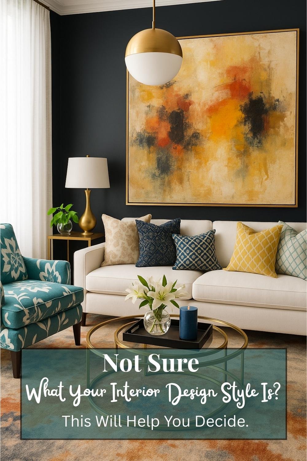 Modern living room with white sofa, bold abstract wall art, patterned armchair, and colorful throw pillows in a navy and mustard palette.