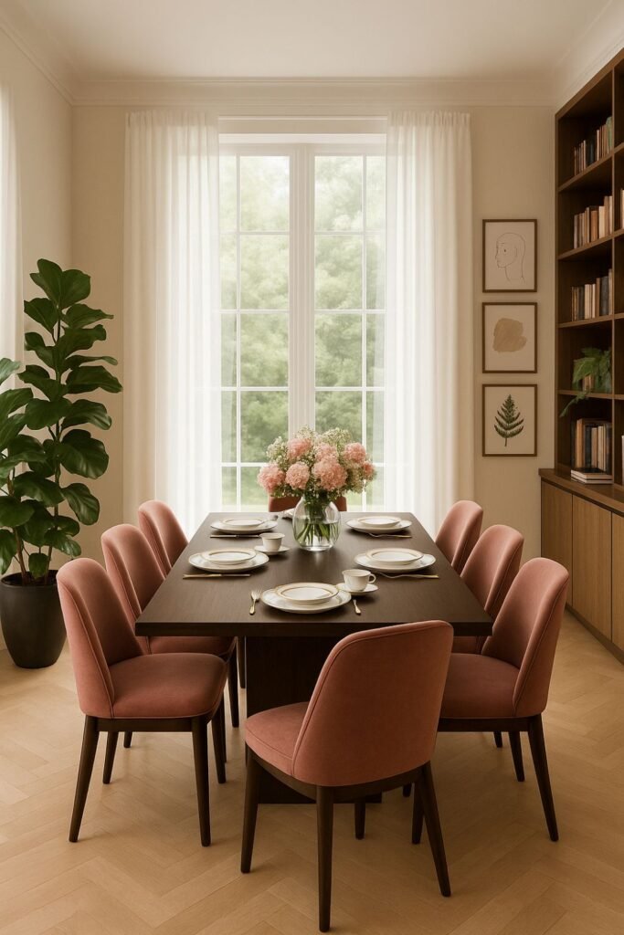 Stylish dining room with floor-length semi-sheer curtains, a dark wood dining table, and blush pink velvet chairs.