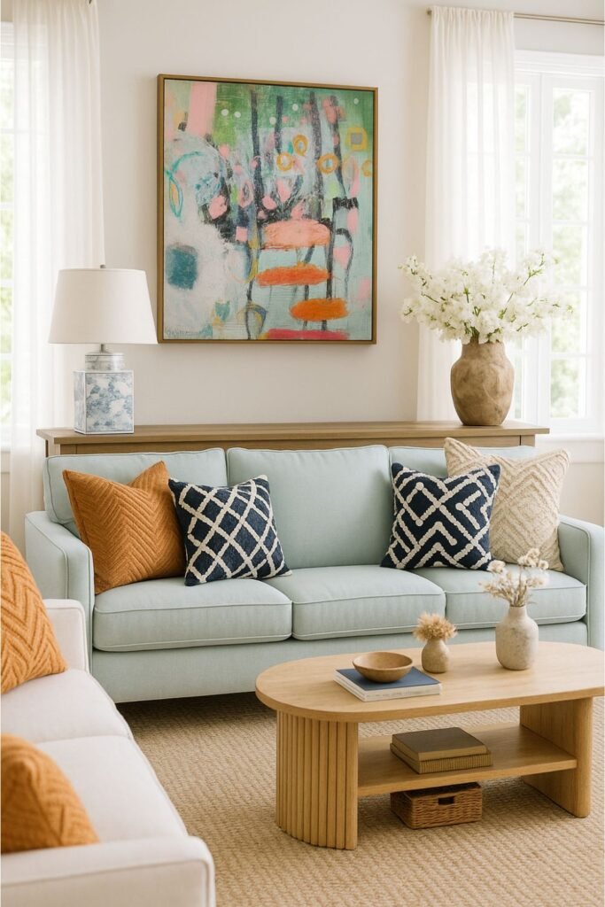 Bright living room with sheer curtains, pastel furniture, and abstract artwork on the wall.